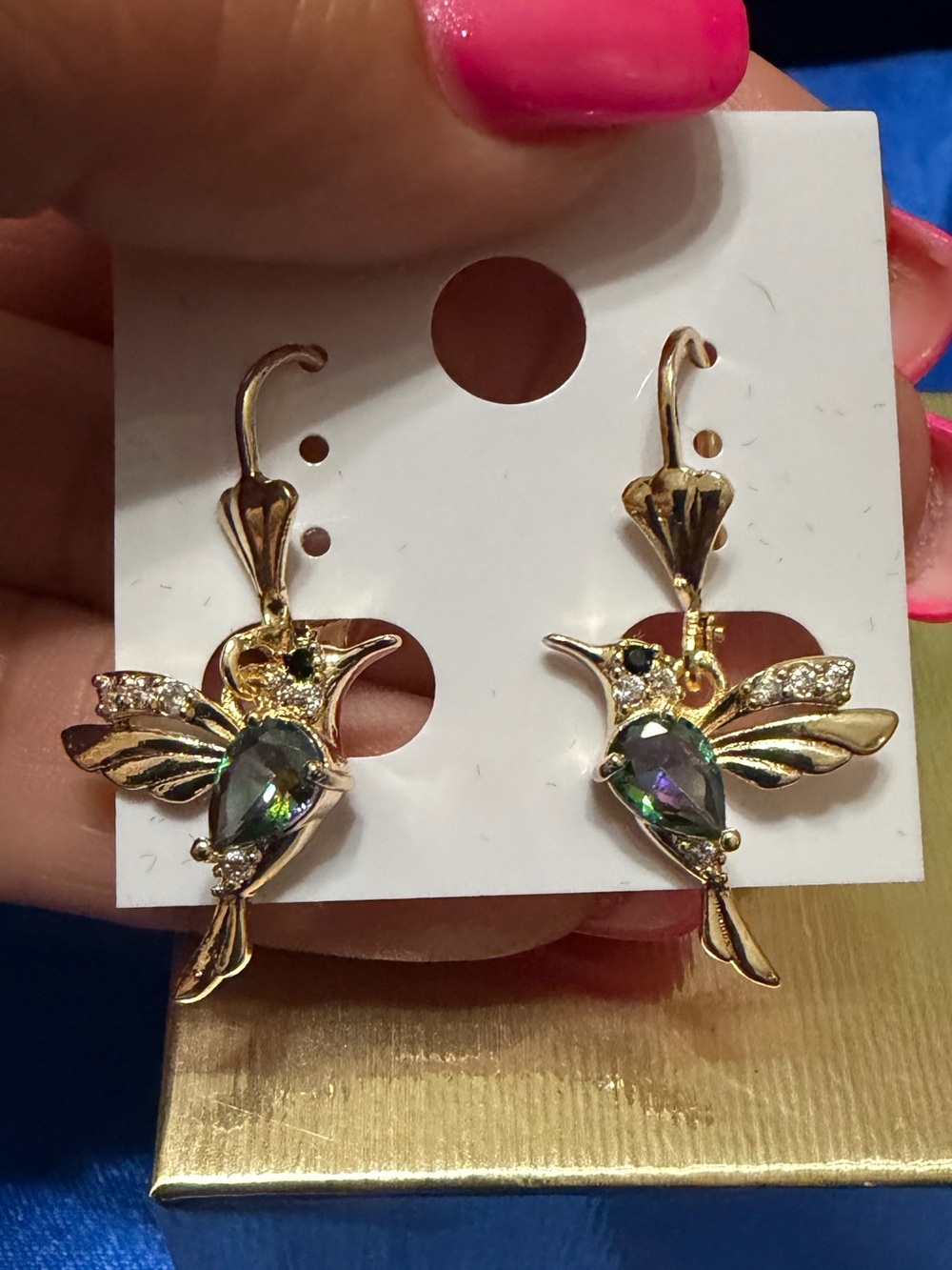 Gold Hummingbird Drop Earrings with Mystic Topaz Gem